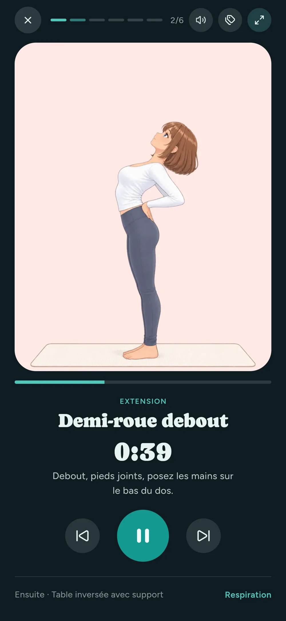 Le lecteur : l'illustration de la posture, son nom et le décompte