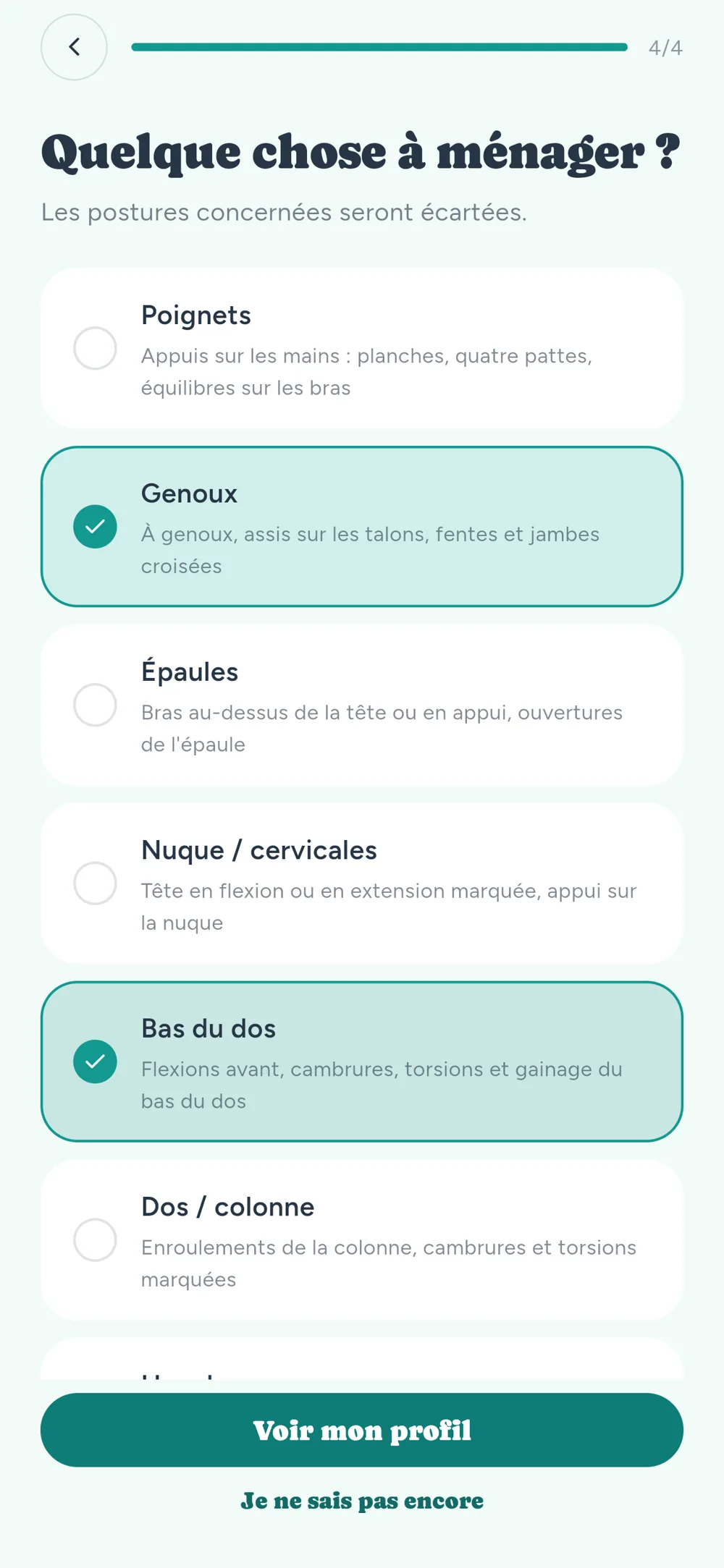 La question « Quelque chose à ménager ? », genoux et bas du dos cochés