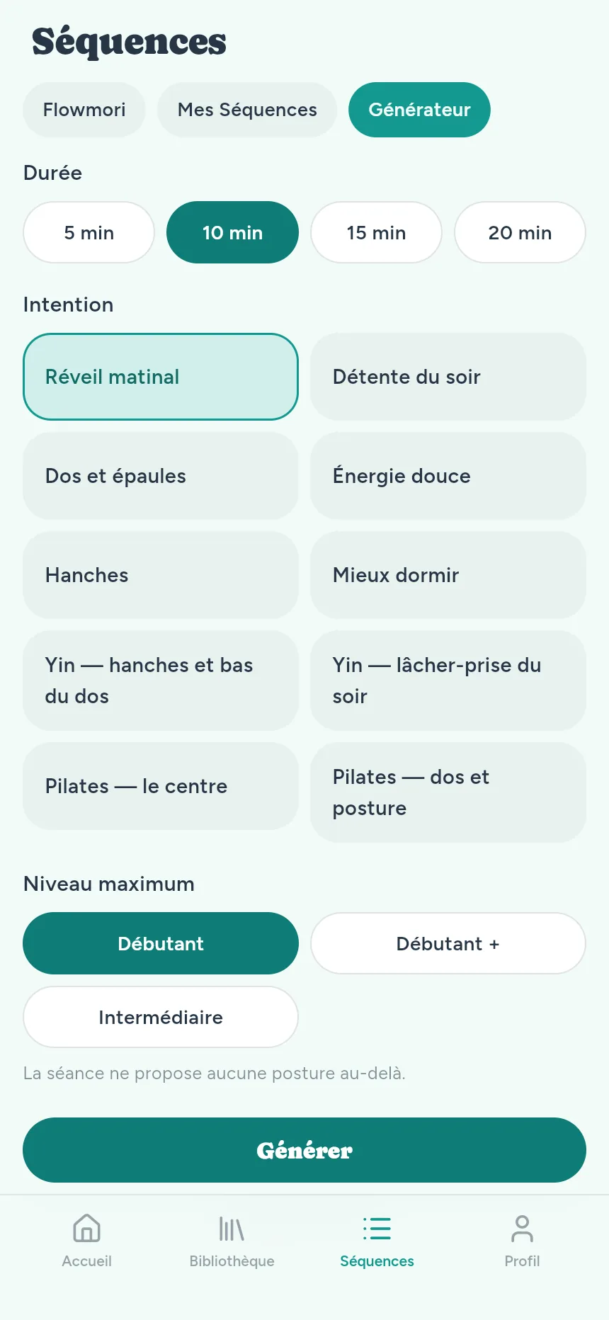 Le générateur : la durée, les thèmes Hatha, Yin et Pilates, et le niveau maximum